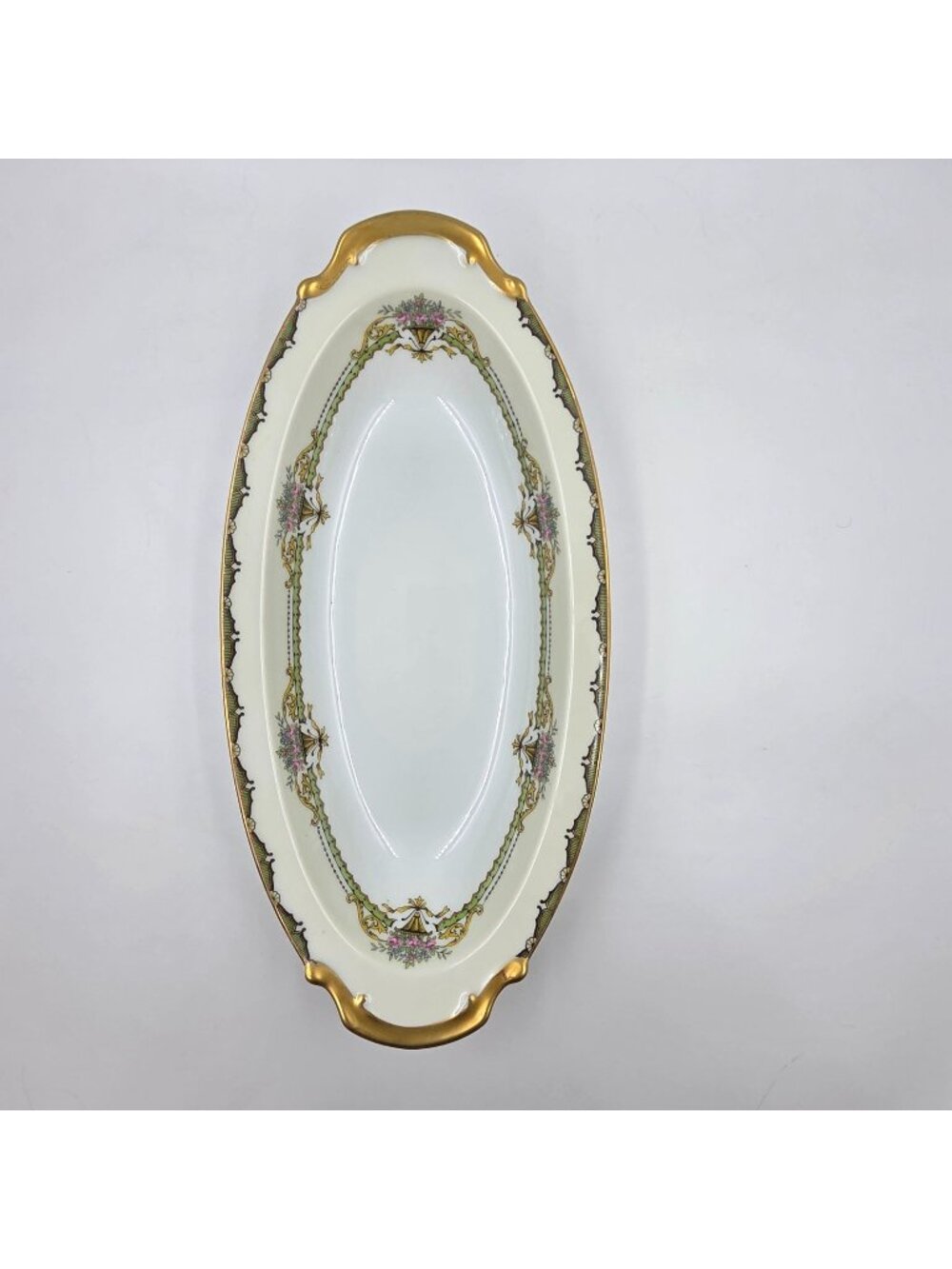 Noritake Penelope Celery Platter Green Border Pink Roses Urn Gold Trim